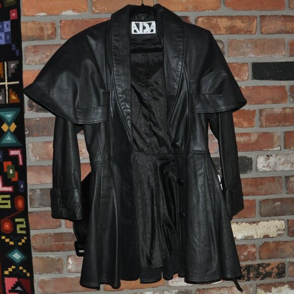 New Vintage 90s ADA Tailored Black Leather Jacket  Inverness Cape Dress Coat 7 M - Picture 9 of 13